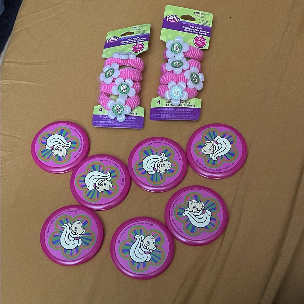 Polly Pocket Vintage Party Favors 8 Pink Hair Ties and 7 Compact Mirrors Lot